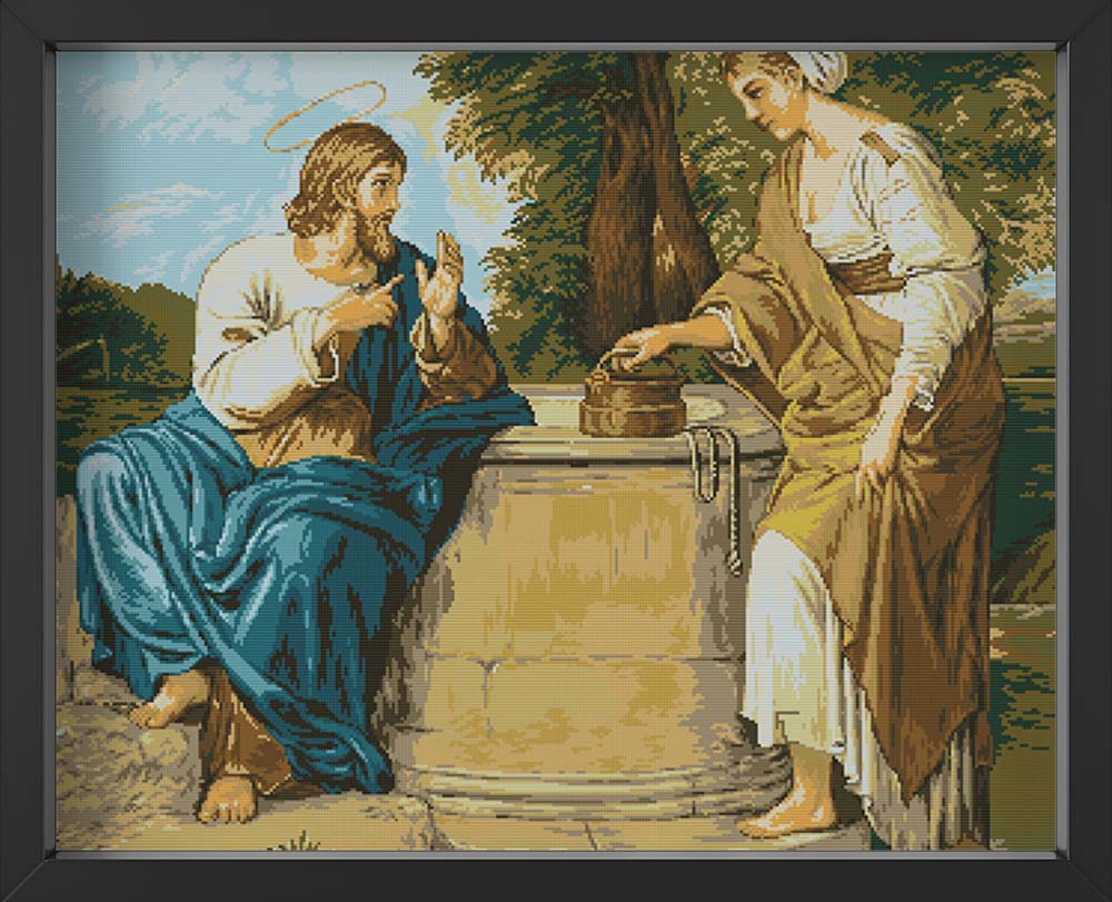 Kreuzstich -  Jesus mit Frau am reden | 70x60 cm - Diy - Fadenkunst