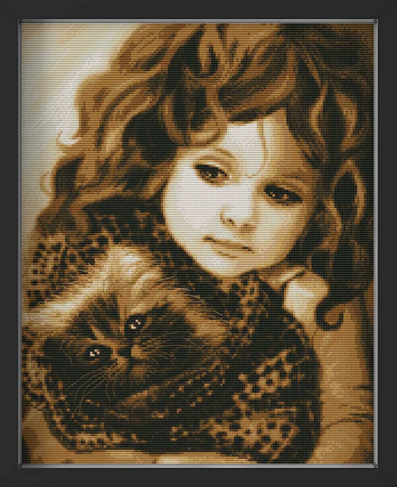 Kreuzstich - Mädchen mit Katze | 30x50 cm - Diy - Fadenkunst