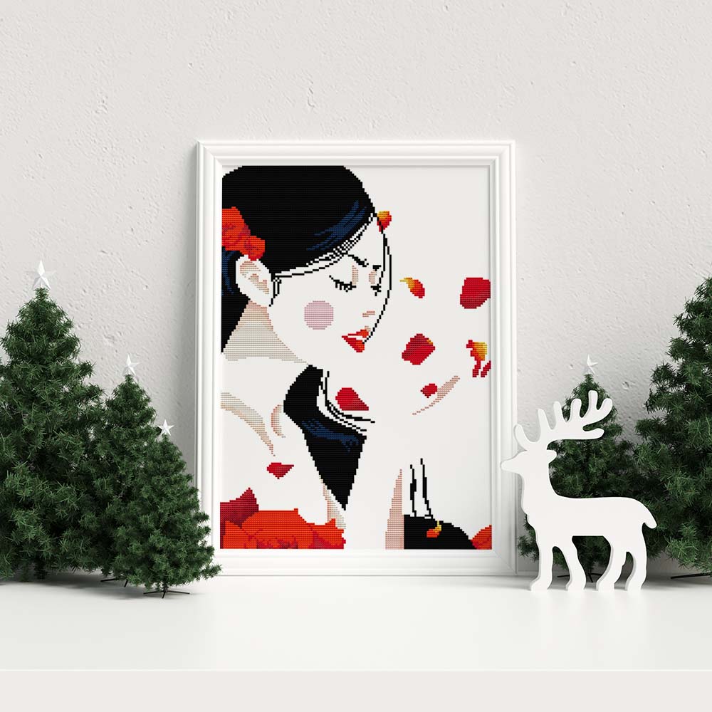 Kreuzstich - Abstrakte Person mit Rosenblättern | 40x40 cm - Diy - Fadenkunst