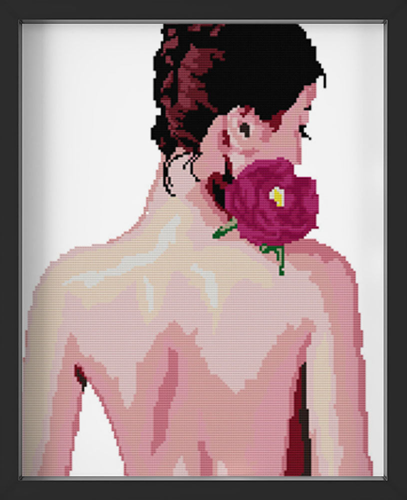 Kreuzstich - Nackter Frauenrücken mit Blume | 30x60 cm - Diy - Fadenkunst