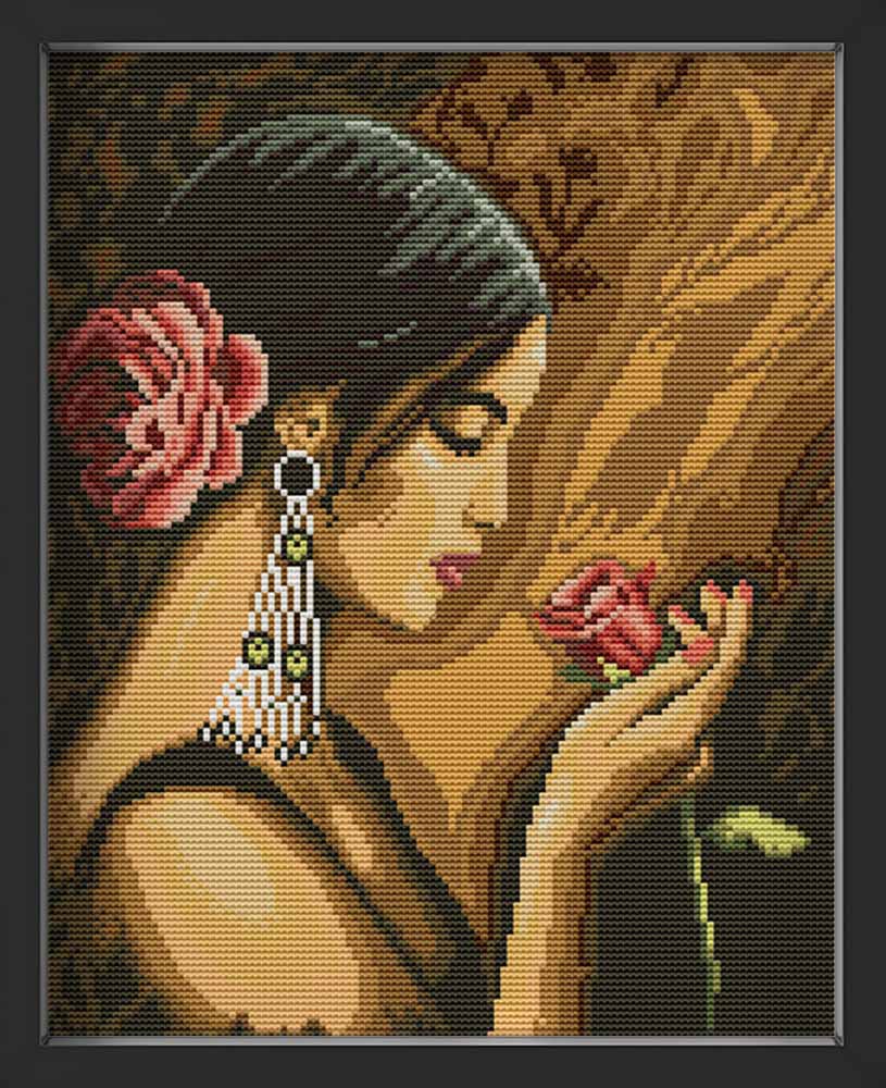 Kreuzstich - Frau mit Rose | 35x35 cm - Diy - Fadenkunst