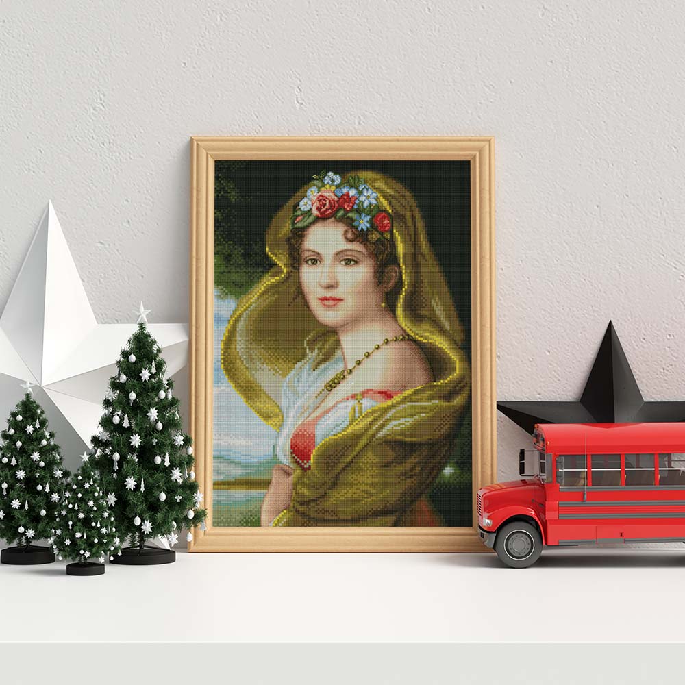 Kreuzstich - Hübsche Frau mit Blumen im Haar | 50x70 cm - Diy - Fadenkunst