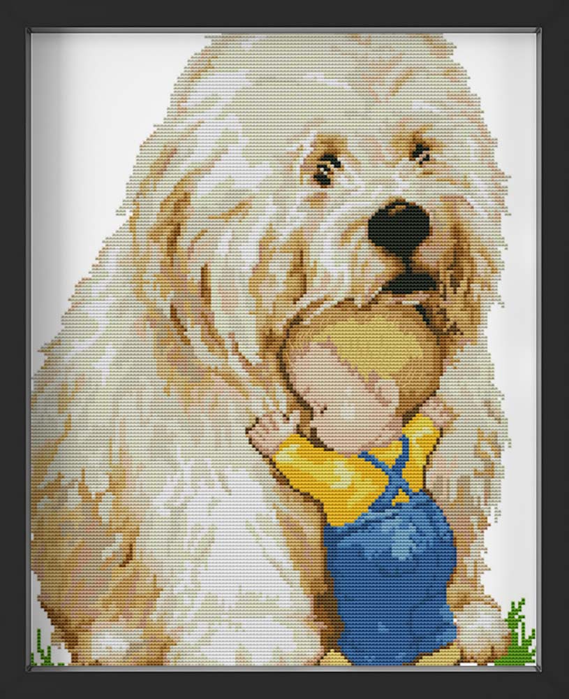 Kreuzstich - süßer Hund mit kleinem Jungen | 30x40 cm - Diy - Fadenkunst