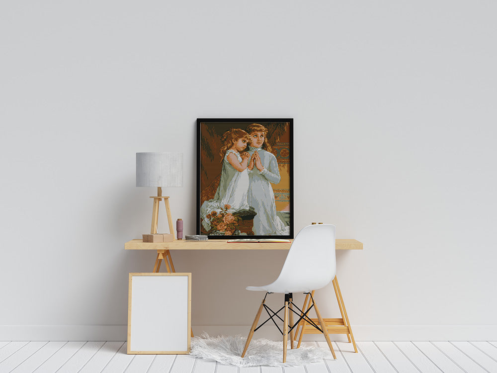 Kreuzstich - Mädchen am beten | 30x50 cm - Diy - Fadenkunst
