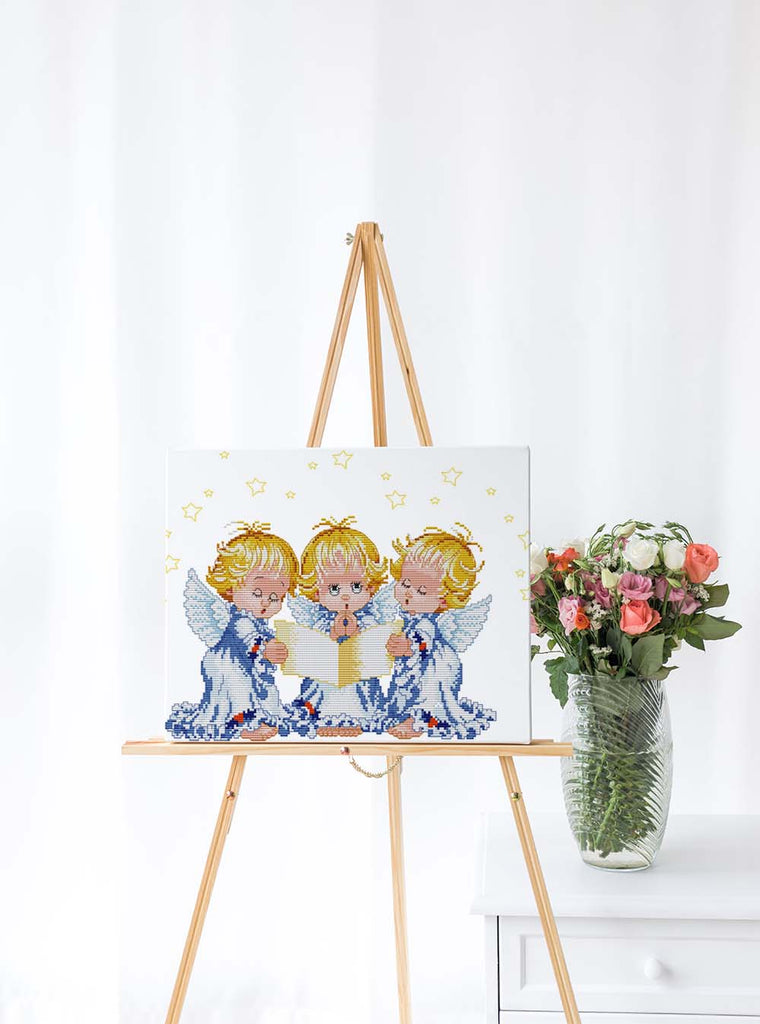 Kreuzstich -  Drei Engel am singen | 40x30 cm - Diy - Fadenkunst