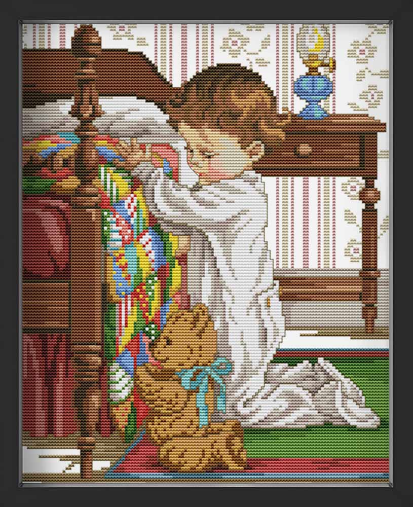 Kreuzstich - Junge mit Teddy am Bett | 30x40 cm - Diy - Fadenkunst