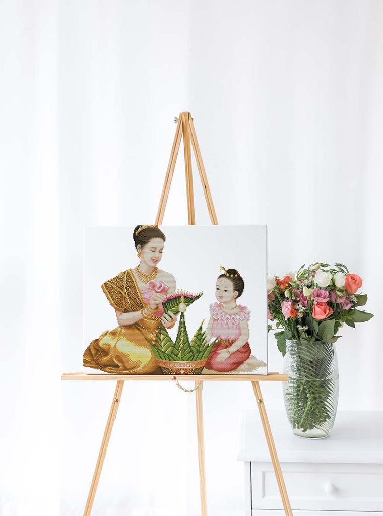 Kreuzstich -  Mama mit Tochter am sitzen | 50x40 cm - Diy - Fadenkunst