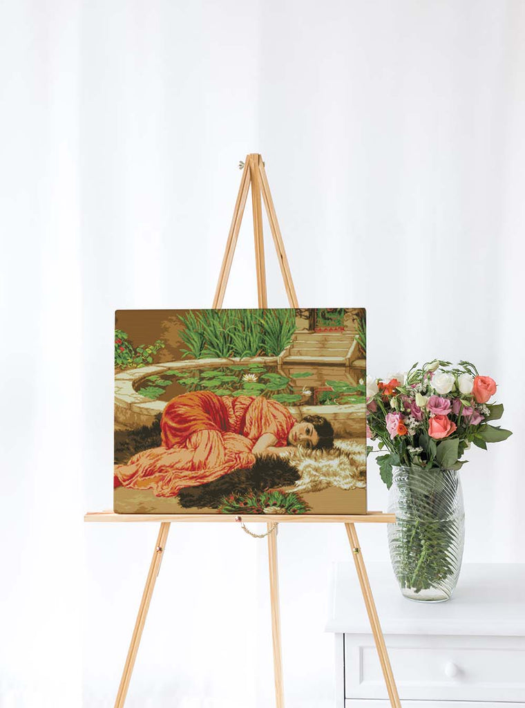 Kreuzstich -  Frau im roten Kleid am liegen | 70x50 cm - Diy - Fadenkunst