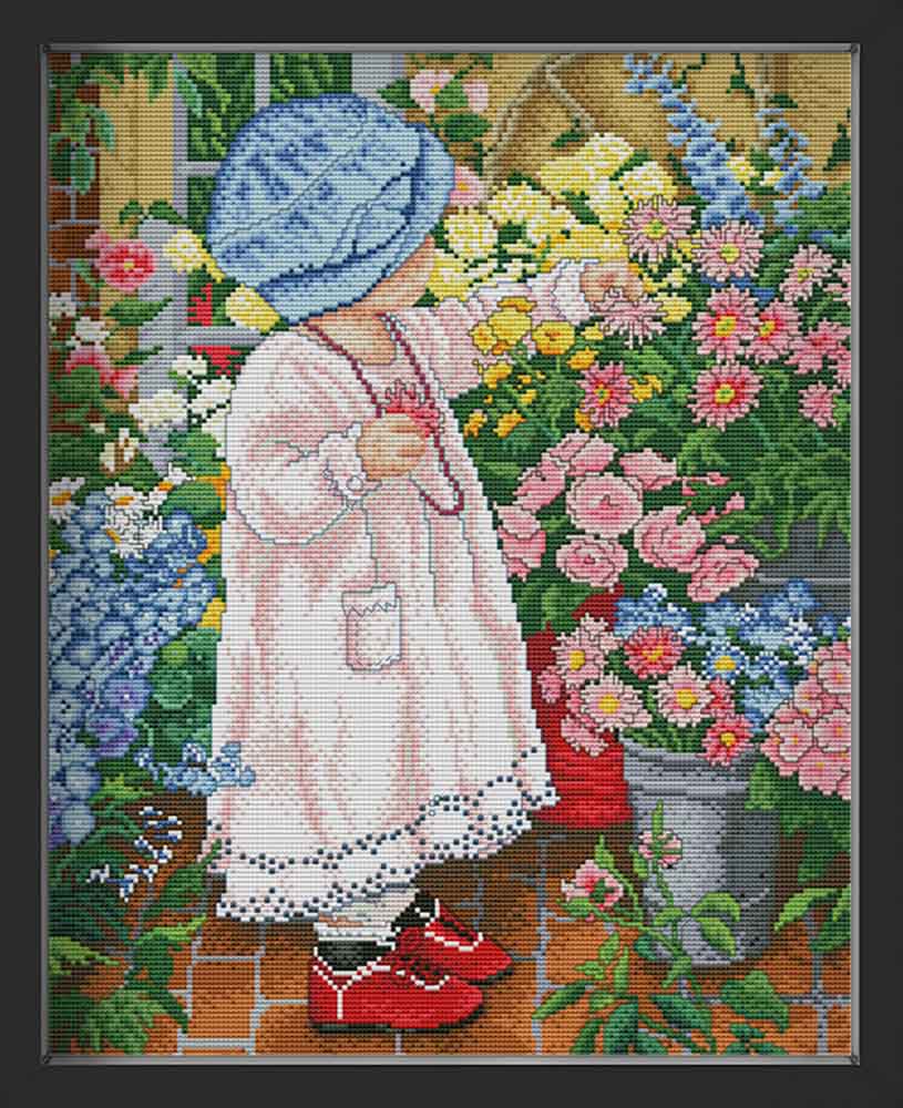Kreuzstich - Mädchen im Kleid im Garten | 30x40 cm - Diy - Fadenkunst
