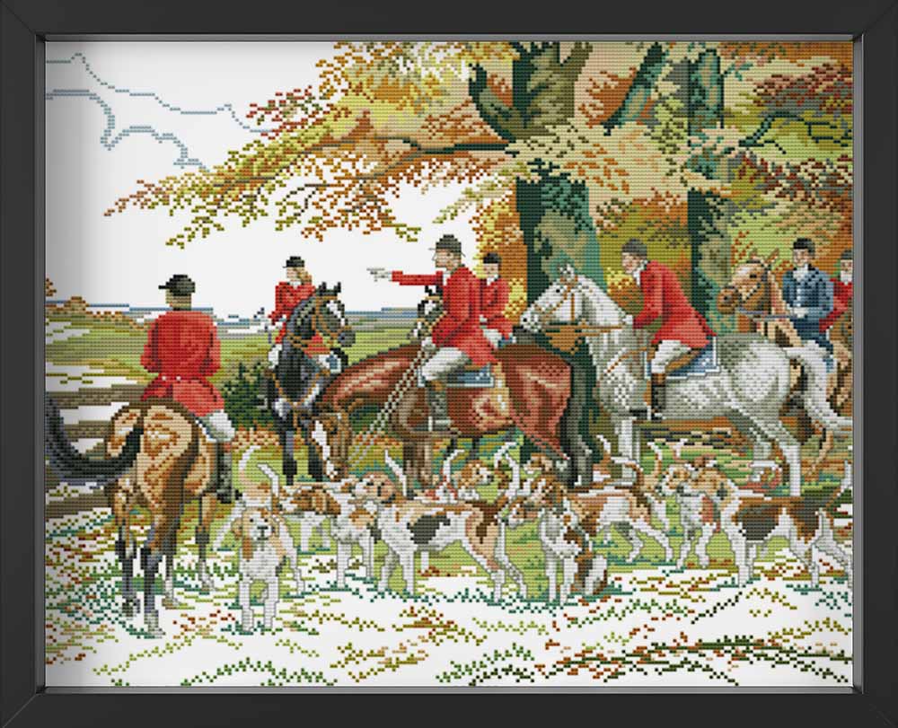 Kreuzstich - Reiter mit Pferden im Gelände | 50x40 cm - Diy - Fadenkunst