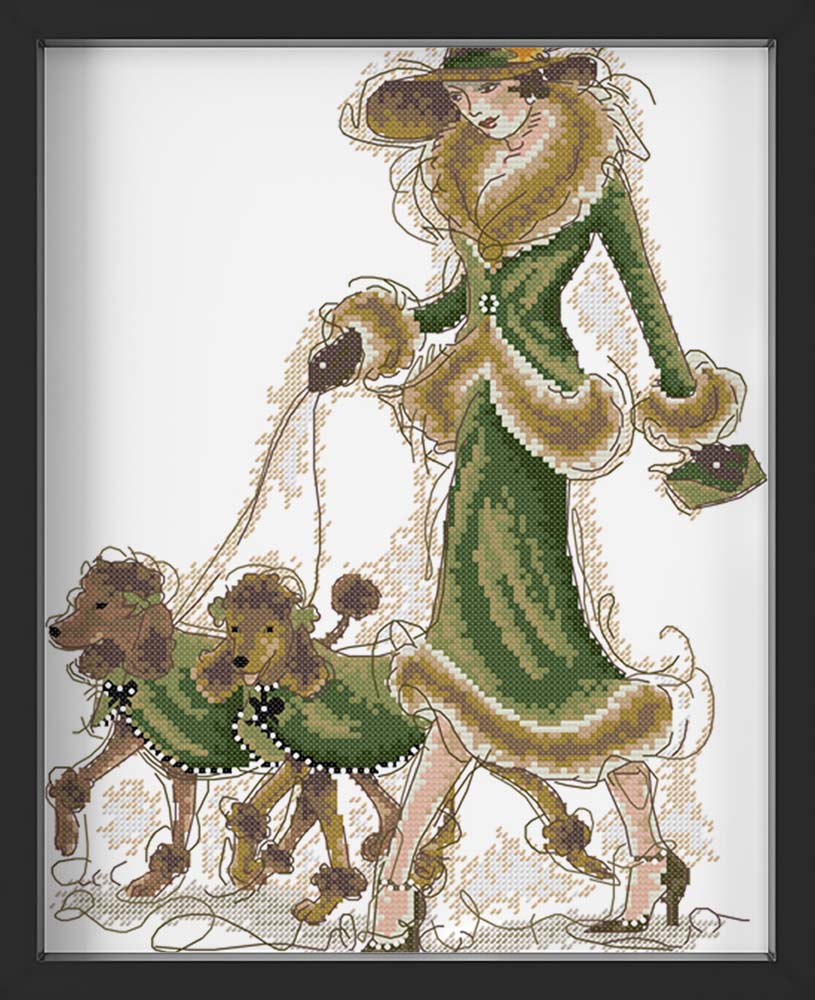 Kreuzstich - zwei Pudel mit Frau | 30x40 cm - Diy - Fadenkunst