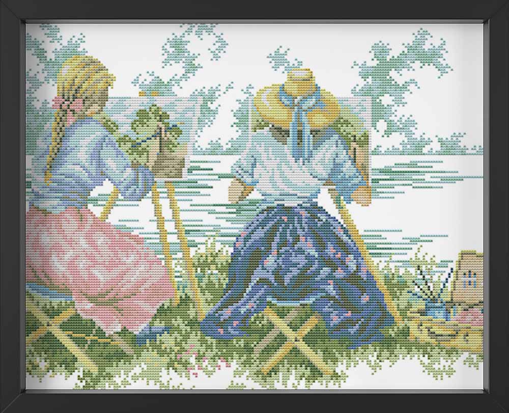 Kreuzstich -  Frauen malen am See | 50x30 cm - Diy - Fadenkunst