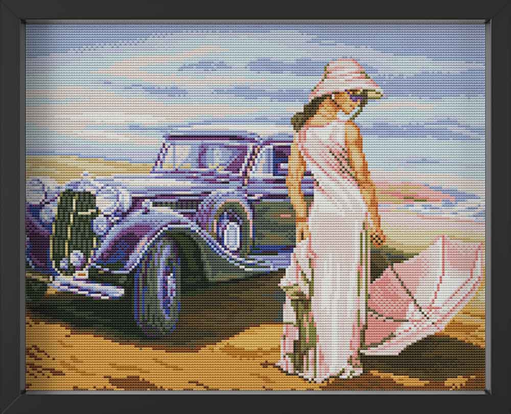 Kreuzstich - Frau mit Oldtimer am Strand | 40x30 cm - Diy - Fadenkunst