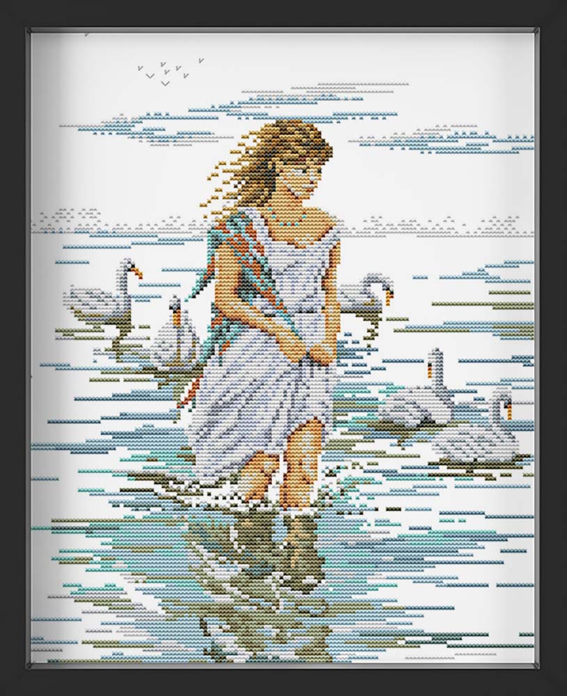 Kreuzstich - Mädchen mit Schwänen im Wasser | 30x40 cm - Diy - Fadenkunst