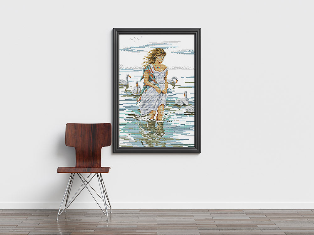 Kreuzstich - Mädchen mit Schwänen im Wasser | 30x40 cm - Diy - Fadenkunst