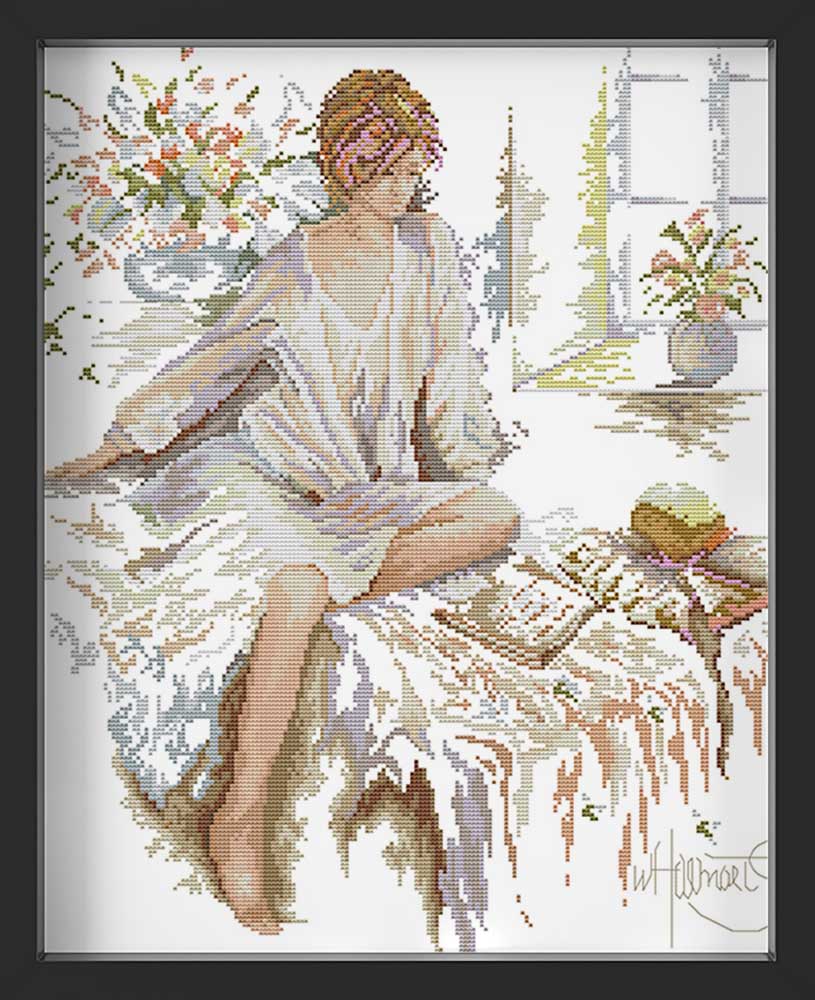 Kreuzstich - Mädchen am Buch lesen | 40x50 cm - Diy - Fadenkunst