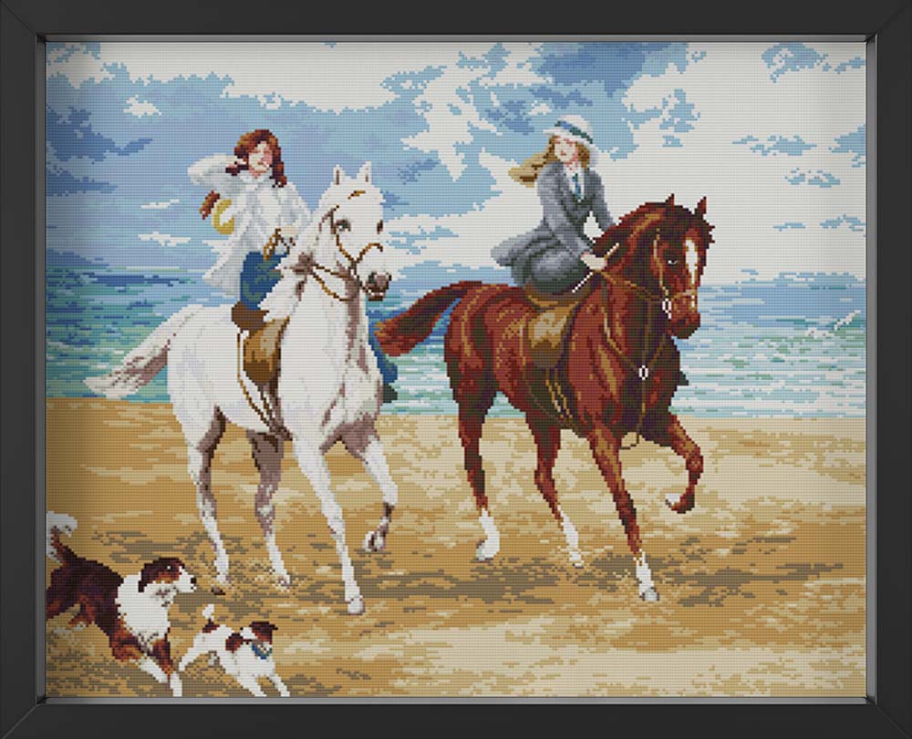 Kreuzstich -  Zwei Pferde am Strand mit Hunden | 60x50 cm - Diy - Fadenkunst