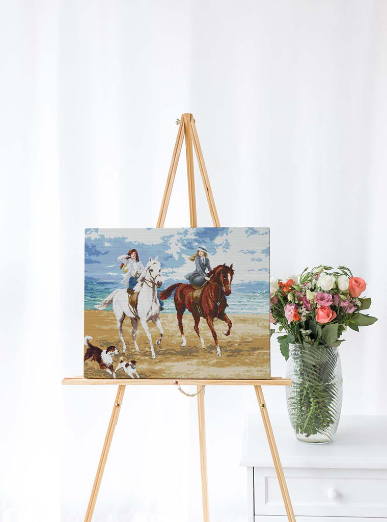 Kreuzstich -  Zwei Pferde am Strand mit Hunden | 60x50 cm - Diy - Fadenkunst