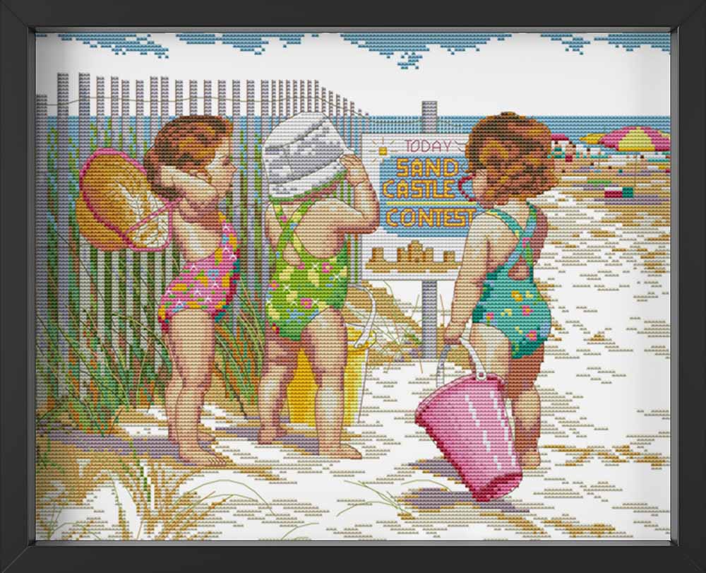 Kreuzstich -  Drei Mädchen im Badeanzug am Strand | 40x30 cm - Diy - Fadenkunst