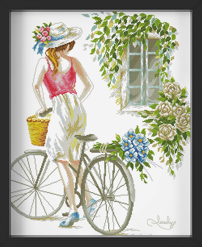 Kreuzstich - Frau auf Fahrrad im Sommer | 50x60 cm - Diy - Fadenkunst