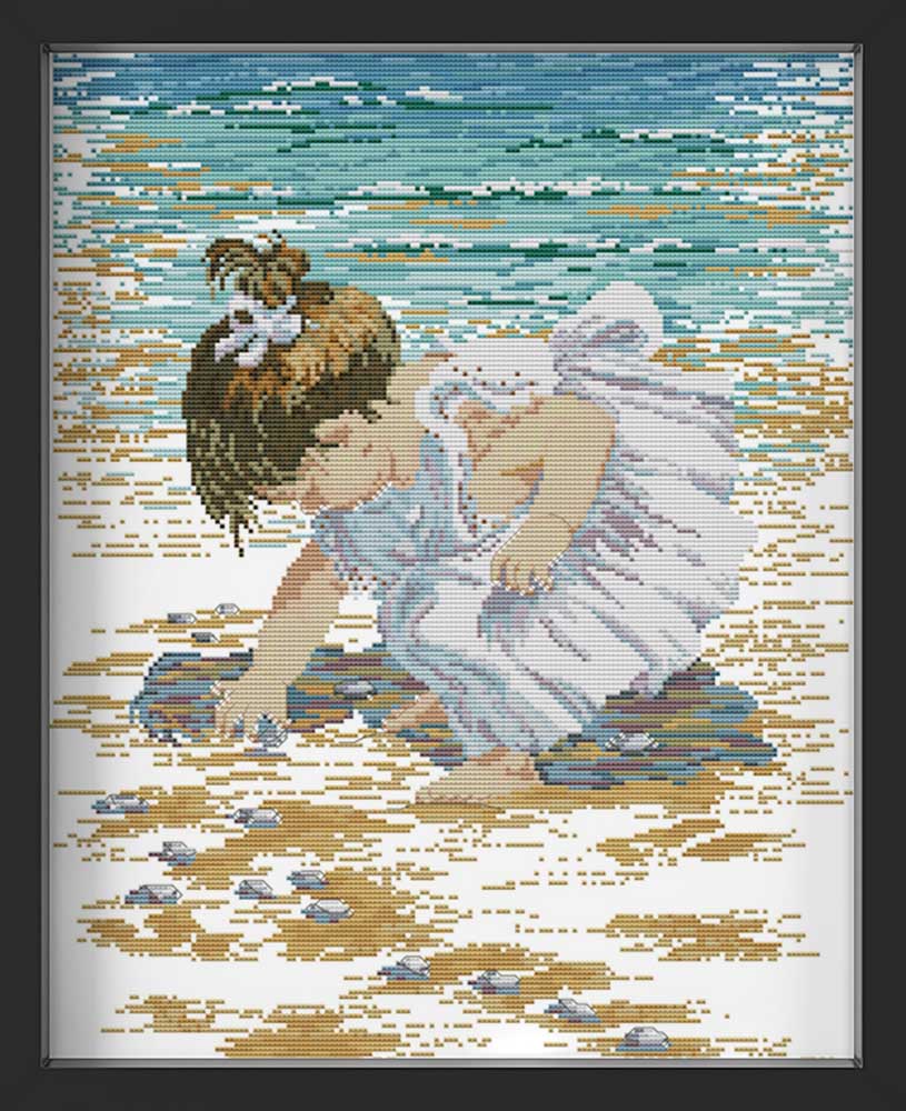 Kreuzstich - kleines Mädchen am Meer | 40x50 cm - Diy - Fadenkunst