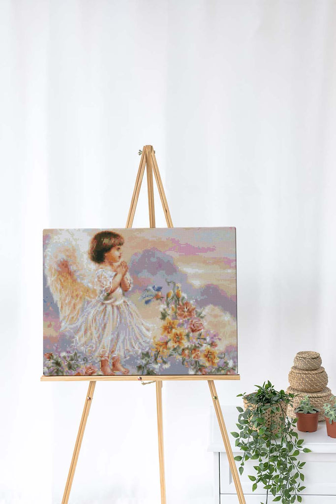 Kreuzstich -  Engel mit Blumen am beten | 40x30 cm - Diy - Fadenkunst