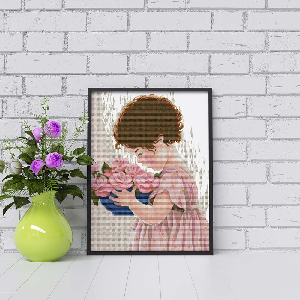 Kreuzstich - Mädchen mit rosa Rosen | 30x40 cm - Diy - Fadenkunst