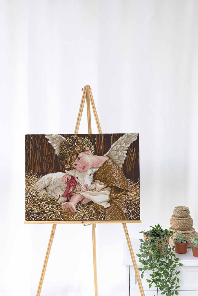 Kreuzstich -  Engel mit Lämmchen | 40x30 cm - Diy - Fadenkunst