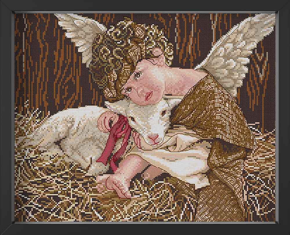 Kreuzstich -  Engel mit Lämmchen | 40x30 cm - Diy - Fadenkunst