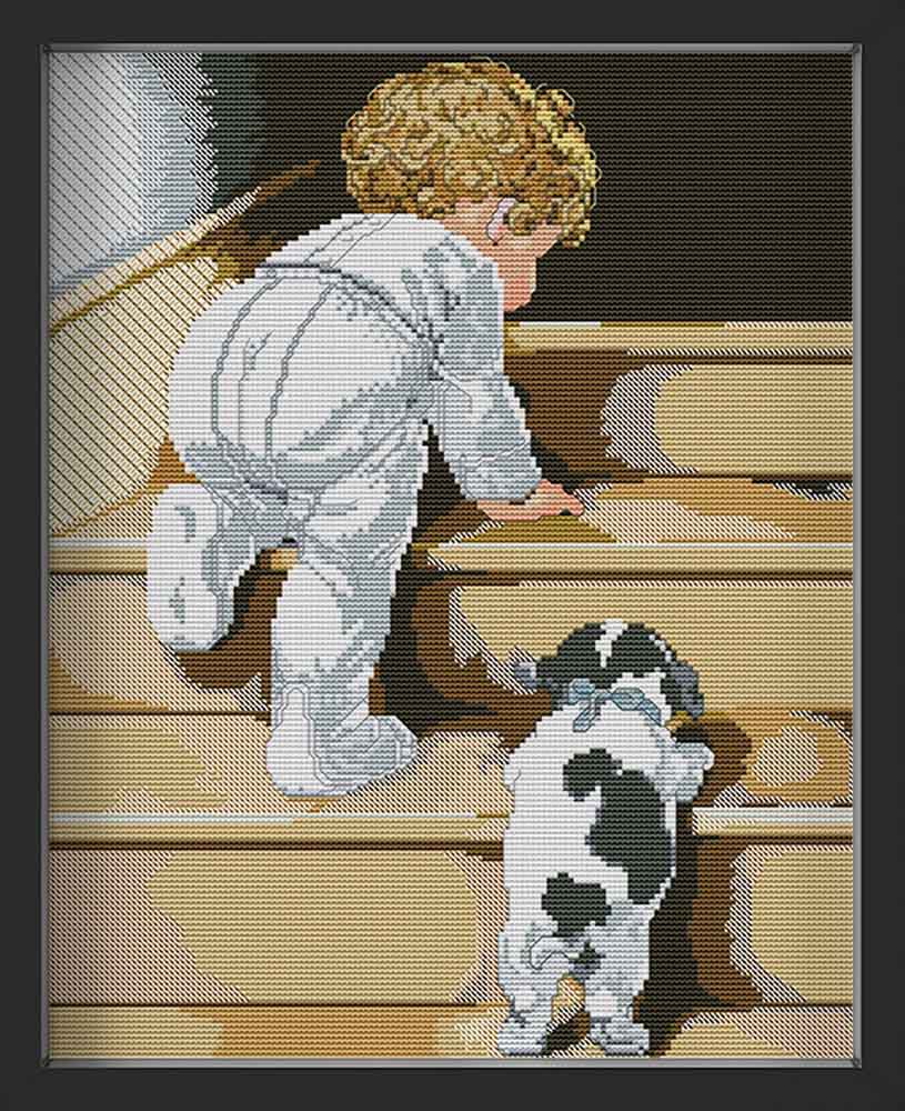 Kreuzstich - Baby mit süßem Hund | 30x40 cm - Diy - Fadenkunst