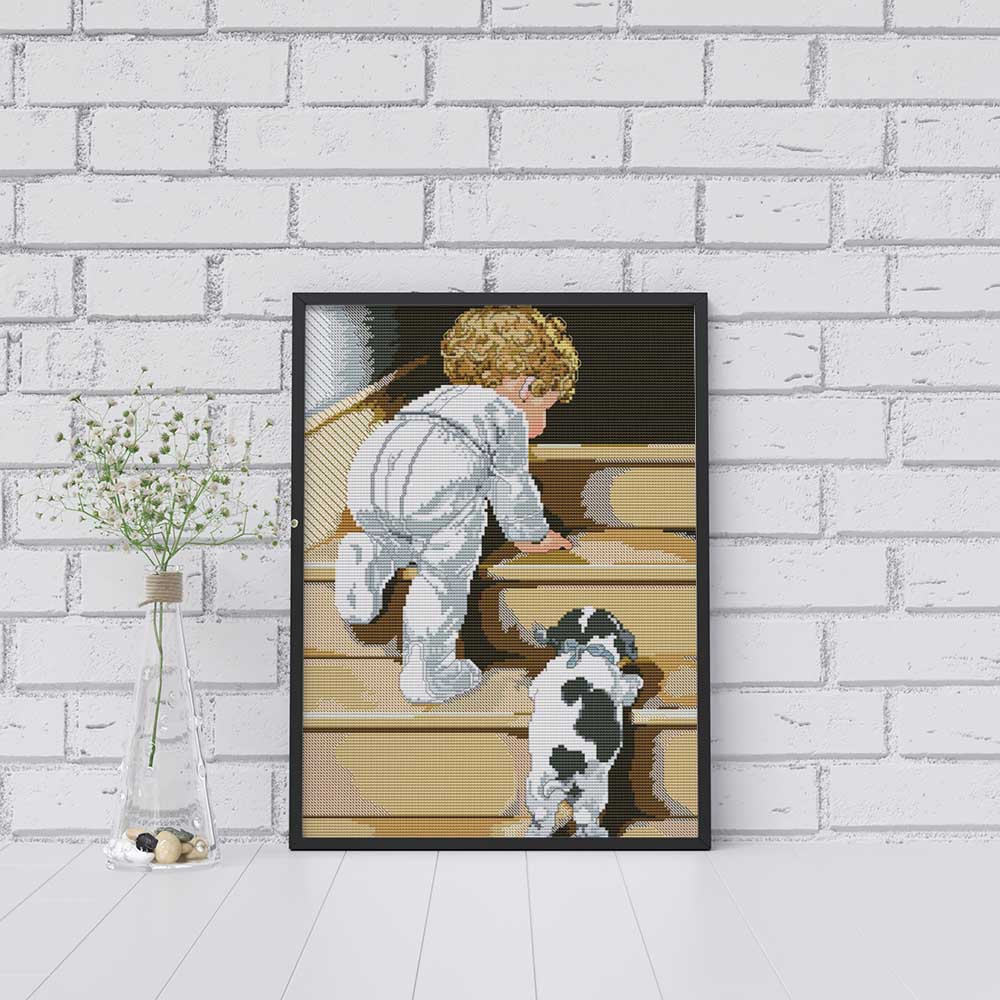 Kreuzstich - Baby mit süßem Hund | 30x40 cm - Diy - Fadenkunst