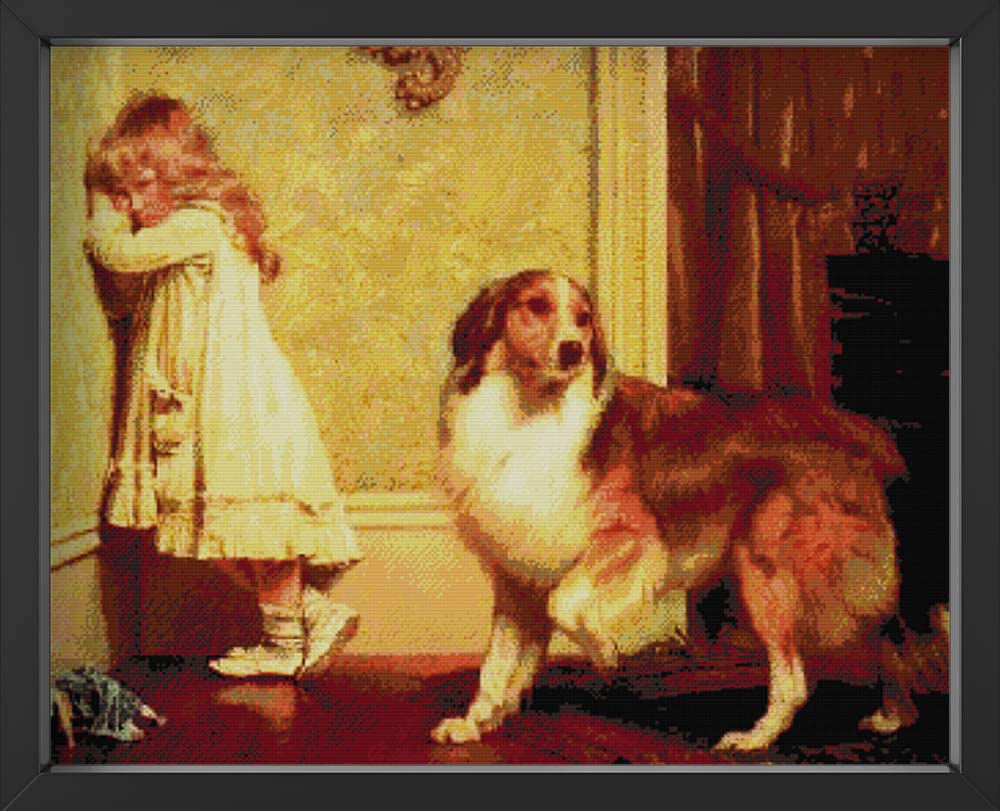 Kreuzstich -  Mädchen und großer Hund | 70x60 cm - Diy - Fadenkunst