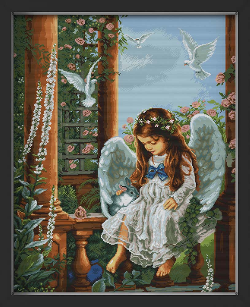 Kreuzstich -  Mädchen Engel auf einem Stuhl | 50x70 cm - Diy - Fadenkunst