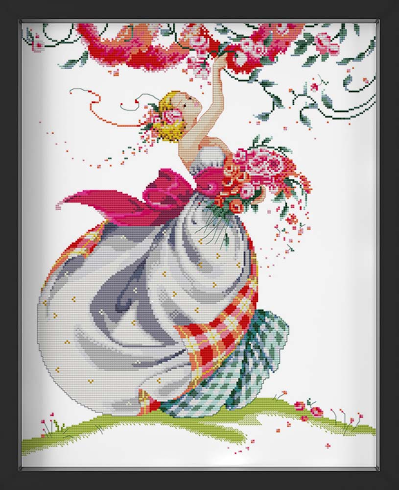 Kreuzstich -  Frau im Abendklein am tanzen mit Blumen | 40x50 cm - Diy - Fadenkunst
