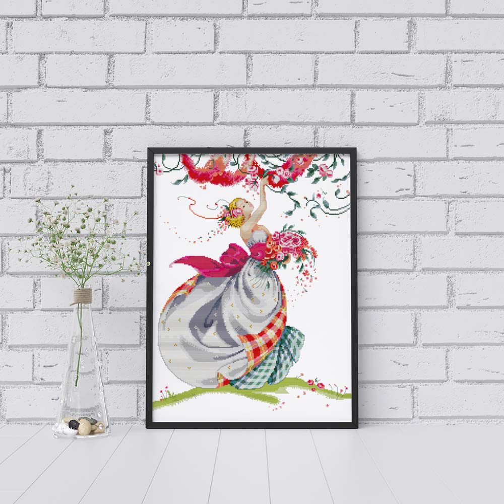 Kreuzstich -  Frau im Abendklein am tanzen mit Blumen | 40x50 cm - Diy - Fadenkunst