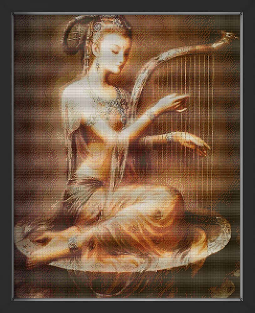 Kreuzstich -  Hübsche Frau spielt Harfe | 40x60 cm - Diy - Fadenkunst
