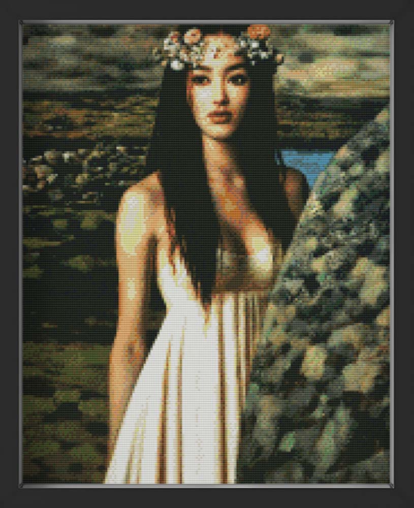 Kreuzstich - Schöne Frau im Kleid mit Blumenkranz | 40x50 cm - Diy - Fadenkunst