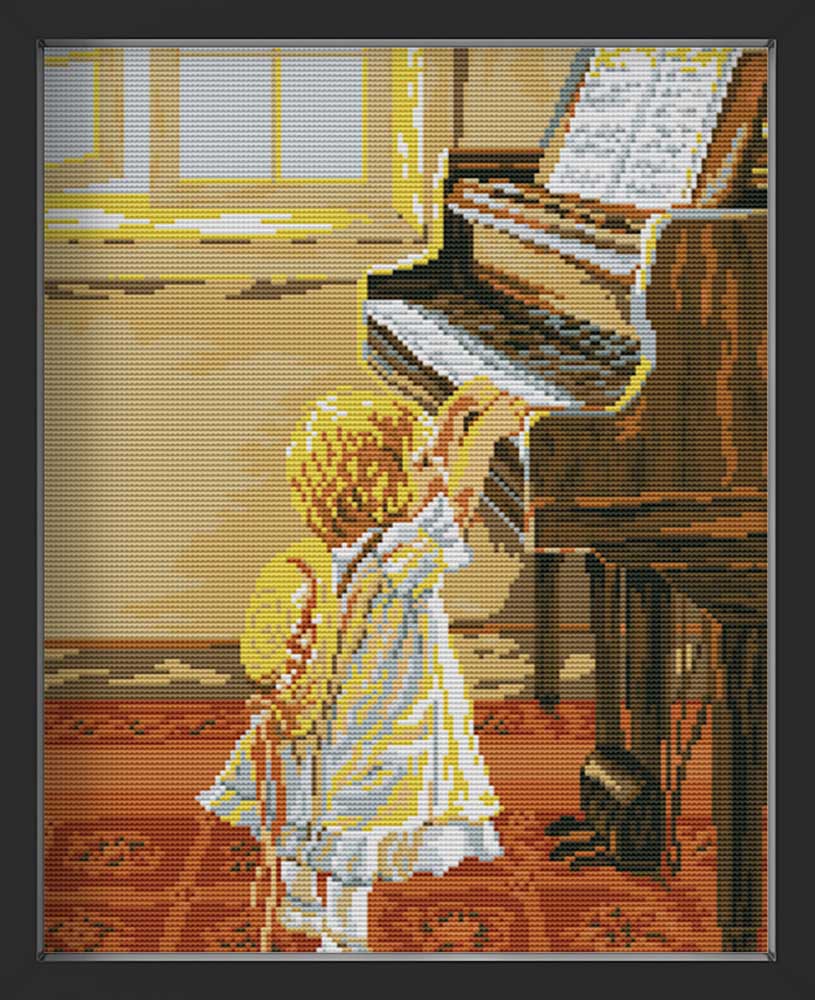 Kreuzstich - kleines Mädchen am Klavier | 30x40 cm - Diy - Fadenkunst