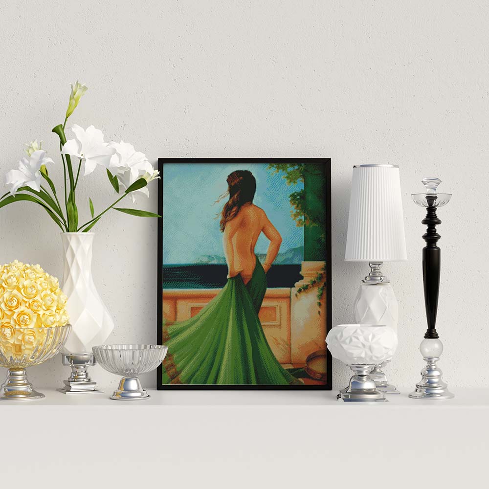 Kreuzstich - elegante Frau im grünen Abendkleid | 50x80 cm - Diy - Fadenkunst