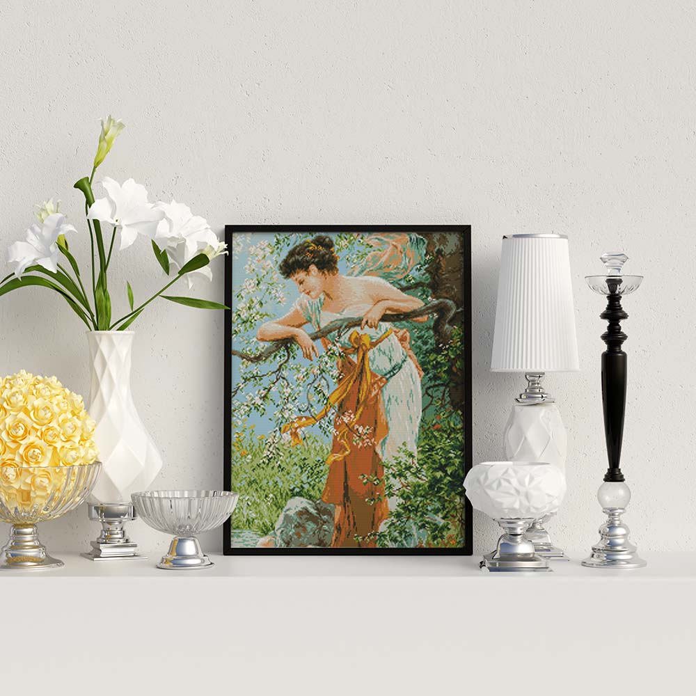 Kreuzstich - junge Frau im blühenden Garten | 40x80 cm - Diy - Fadenkunst