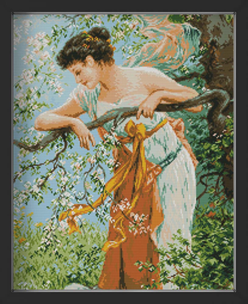 Kreuzstich - junge Frau im blühenden Garten | 40x80 cm - Diy - Fadenkunst