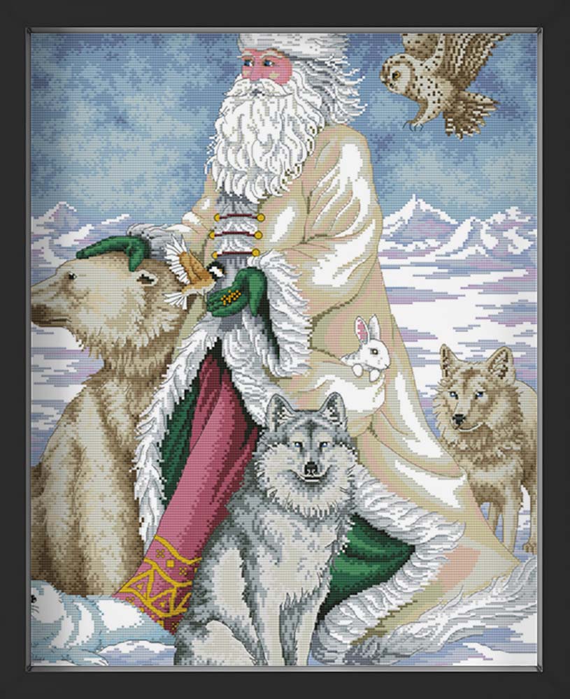 Kreuzstich - Weihnachtsmann mit Wölfen | 50x60 cm - Diy - Fadenkunst