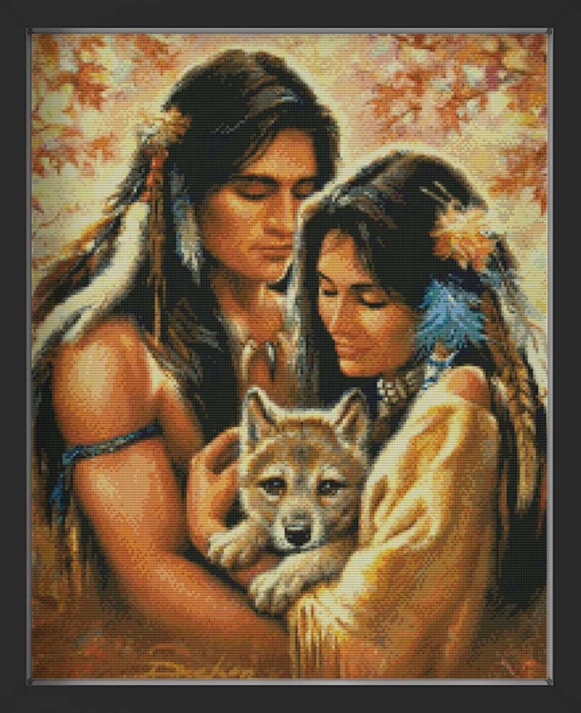 Kreuzstich - Indianer Paar mit Hund | 50x50 cm - Diy - Fadenkunst