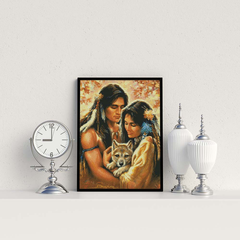 Kreuzstich - Indianer Paar mit Hund | 50x50 cm - Diy - Fadenkunst