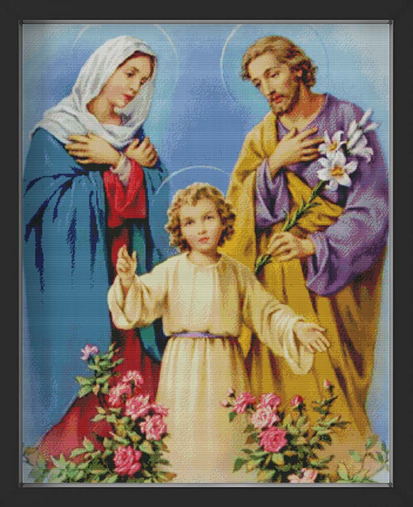 Kreuzstich - Maria und Josef mit Jesus und Blumen | 60x80 cm - Diy - Fadenkunst