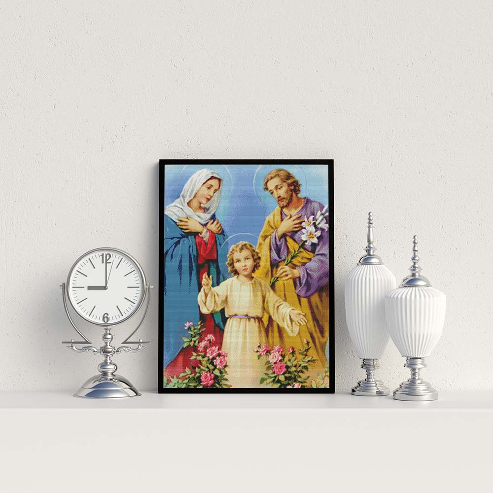 Kreuzstich - Maria und Josef mit Jesus und Blumen | 60x80 cm - Diy - Fadenkunst