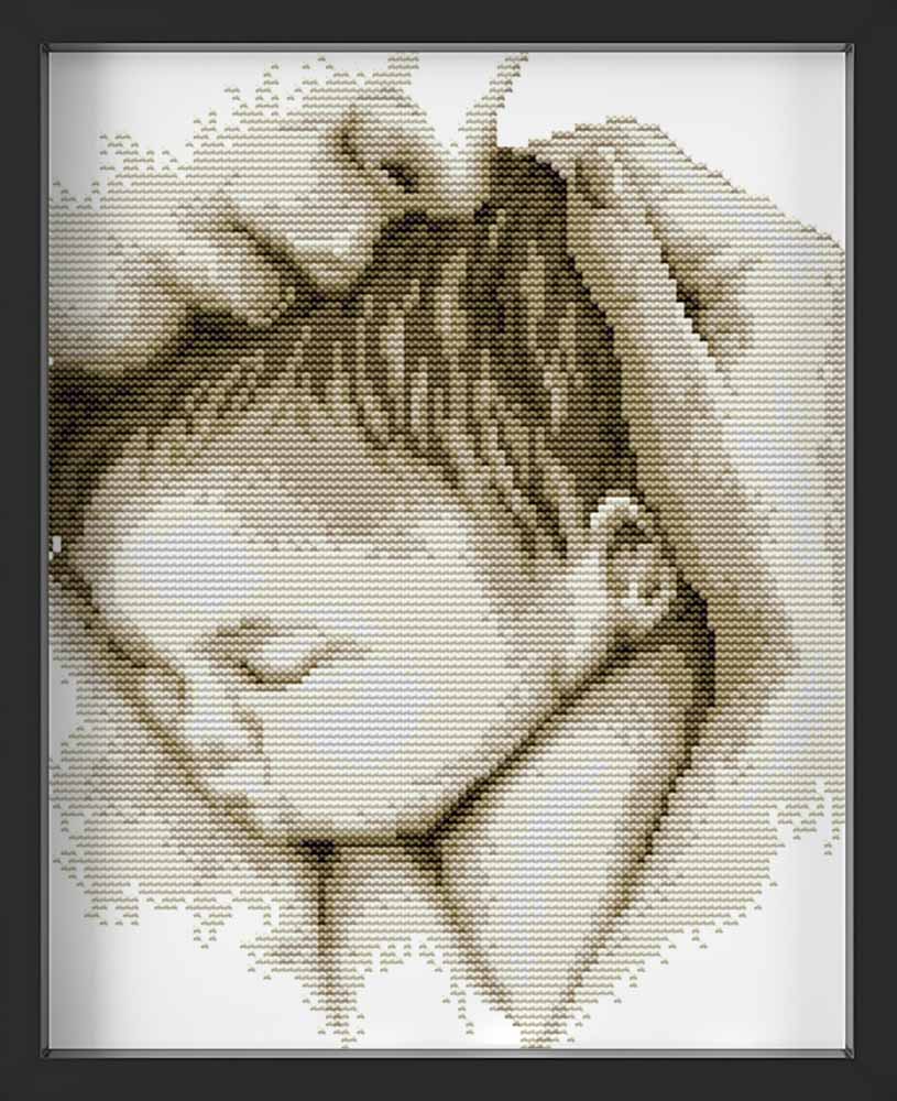 Kreuzstich - Baby mit Mutter schwarz weiß | 20x30 cm - Diy - Fadenkunst
