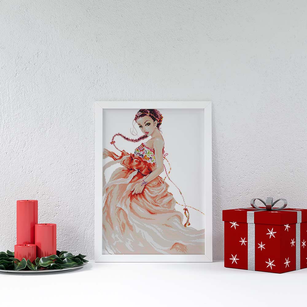 Kreuzstich - Frau im roten Kleid | 40x50 cm - Diy - Fadenkunst