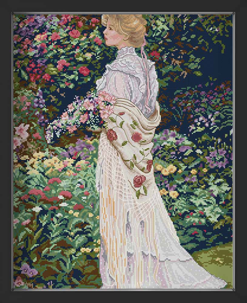 Kreuzstich - hübsche Frau im Garten | 40x60 cm - Diy - Fadenkunst