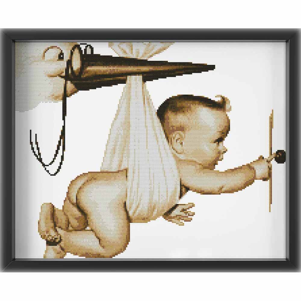 Kreuzstich - Storch mit Kind | 45x40 cm - Diy - Fadenkunst